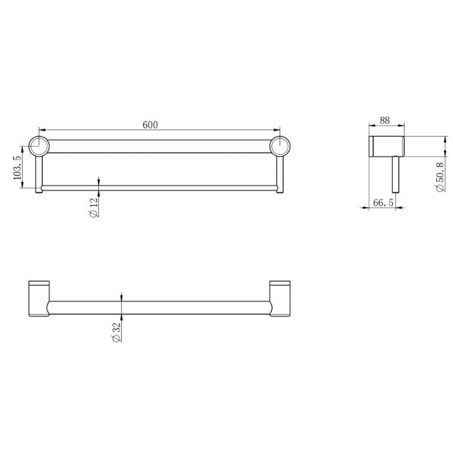 Technical drawing of Nero Mecca Care 600mm gunmetal grab rail with towel holder, showing dimensions and side views