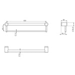 Nero Mecca Care 600mm grab rail with towel holder, matte black, shown in technical drawing with dimensions.