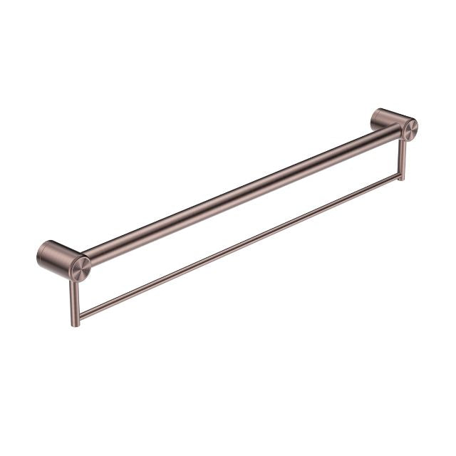 Nero Mecca Care brushed bronze 900mm grab rail with towel holder, wall-mounted bathroom accessory on white background
