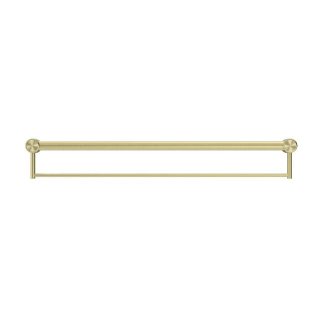 Nero Mecca Care 900mm grab rail with towel holder in brushed gold, front view on white background