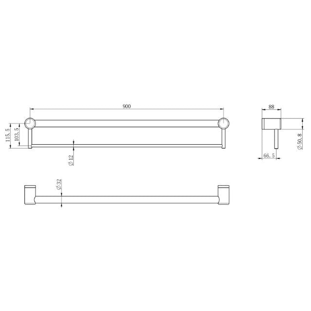 Technical drawing of Nero Mecca Care 900mm grab rail with towel holder, brushed gold, showing dimensions and side view
