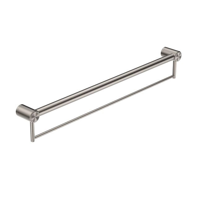 Nero Mecca Care brushed nickel 900mm grab rail with towel holder, wall-mounted bathroom accessory