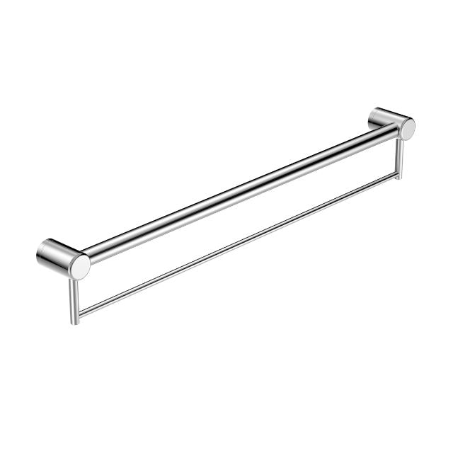 Nero Mecca Care 900mm chrome grab rail with towel holder, stainless steel, angled view