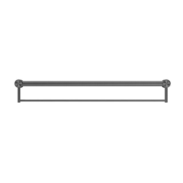 Nero Mecca Care 900mm grab rail with towel holder in gunmetal, shown front on on a white background