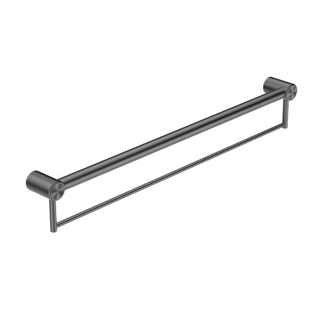 Nero Mecca Care 900mm gunmetal grab rail with integrated towel holder, wall-mounted bathroom accessory, angled view