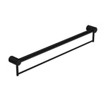 Nero Mecca Care 900mm matte black grab rail with towel holder, wall-mounted bathroom accessory in angled view