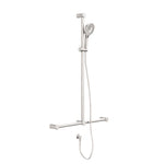 Nero Mecca Care brushed nickel shower rail with T bar grab rail and hand shower, wall mounted on white background