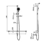 Technical drawing of Nero Mecca Care chrome shower rail with T-bar grab rail, 1100 x 750mm, front and side views with dimensions