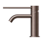 Nero Mecca Care basin mixer in brushed bronze, side view with extended lever handle and curved spout