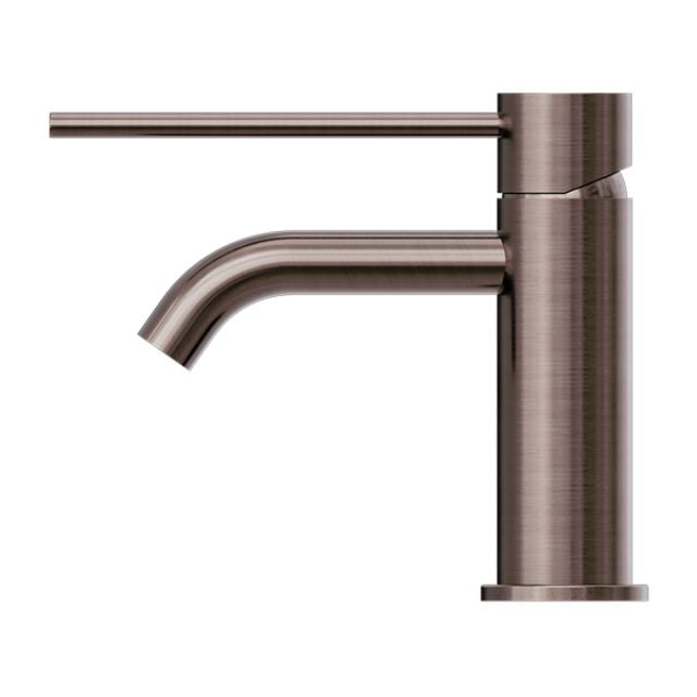 Nero Mecca Care basin mixer in brushed bronze, side view with extended lever handle and curved spout
