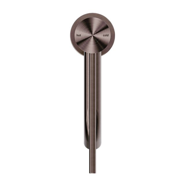 Nero Mecca Care basin mixer in brushed bronze, front view with extended handle and hot/cold markings