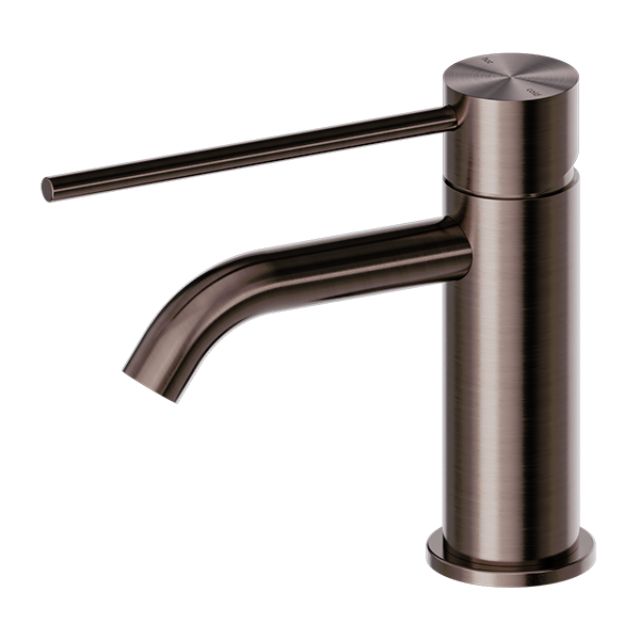 Nero Mecca Care basin mixer tap in brushed bronze, with extended lever handle and curved spout, side view