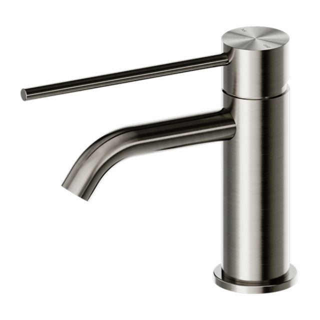 Nero Mecca Care basin mixer in brushed nickel, with extended care handle and curved spout, front view on white background