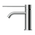Nero Mecca Care chrome basin mixer tap with lever handle and curved spout, side view on white background