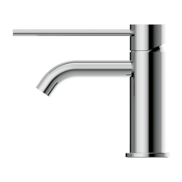 Nero Mecca Care chrome basin mixer tap with lever handle and curved spout, side view on white background