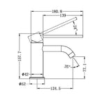 Nero Mecca Care basin mixer tap technical drawing, chrome finish, with dimensions and adjustable lever angle measure
