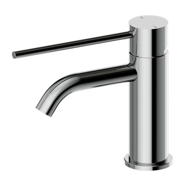 Nero Mecca Care basin mixer tap in chrome, with long lever handle and cylindrical body, shown on white background