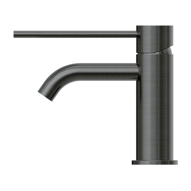 Nero Mecca Care basin mixer in gun metal, side view with sleek cylindrical body and curved spout
