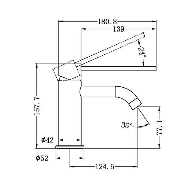 Nero Mecca Care basin mixer technical drawing in gun metal, showing dimensions, side view and spout reach.