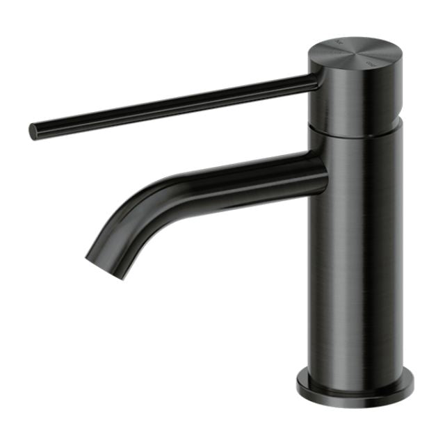 Nero Mecca Care basin mixer tap in gun metal finish with long lever handle, isolated on white background