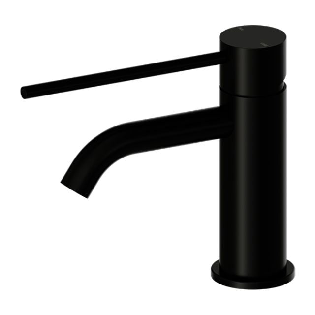 Nero Mecca Care basin mixer in matte black with extended handle, side view on white background