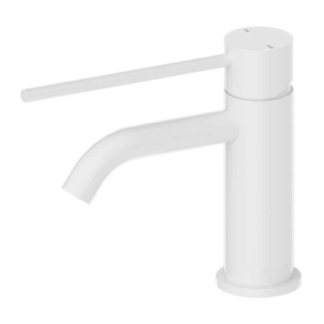 Nero Mecca Care basin mixer tap in matte white with extended lever handle, side view on white background