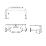 Nero Mecca Care DDA toilet backrest technical drawing, brushed gold finish, front and side dimensions shown