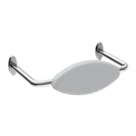 Nero Mecca Care DDA toilet backrest in chrome, stainless steel support bar with contoured grey pad, wall-mounted view