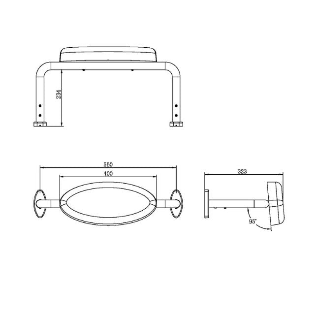 Nero Mecca Care DDA toilet backrest technical drawing in gunmetal, showing front, top and side views with dimensions