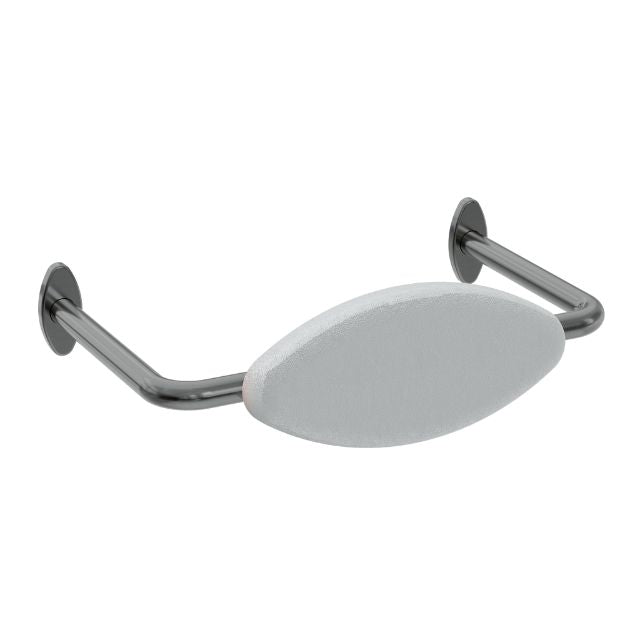 Nero Mecca Care DDA toilet backrest in gunmetal stainless steel, wall-mounted support bar with contoured oval pad
