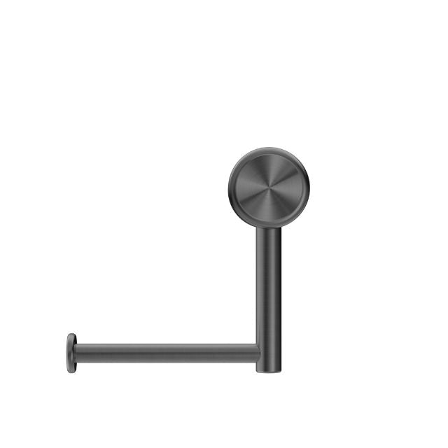 Nero Mecca Care gunmetal toilet roll holder with support rail, round wall bracket and horizontal arm