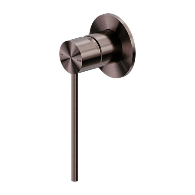 Nero Mecca Care wall-mounted shower mixer in brushed bronze, round brass design with long lever handle