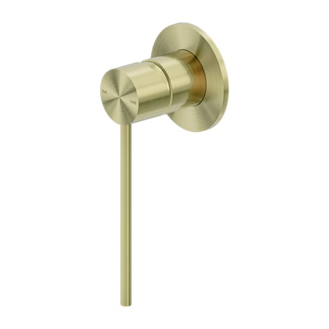 Nero Mecca Care shower mixer in brushed gold, wall-mounted round tap with long lever handle on white background