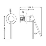 Nero Mecca Care shower mixer technical drawing in brushed nickel, showing front and side views with dimensions.