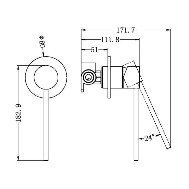 Nero Mecca Care shower mixer technical drawing in brushed nickel, showing front and side views with dimensions.