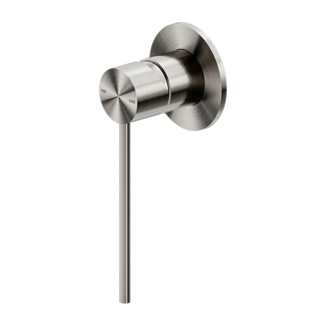 Nero Mecca Care shower mixer in brushed nickel, wall-mounted round brass tap with long lever handle