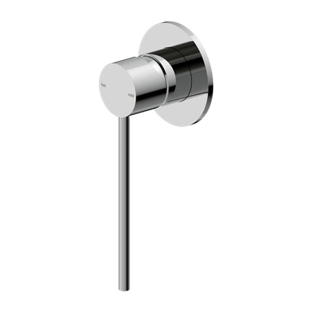 Nero Mecca Care chrome shower mixer with round wall plate and slim handle, front view on white background
