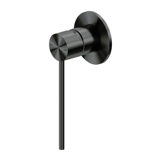 Nero Mecca Care wall-mounted shower mixer in gun metal, with round plate and slim lever handle