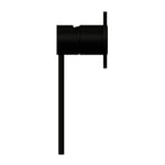 Nero Mecca Care shower mixer in matte black, wall-mounted round tap with single lever handle on white background