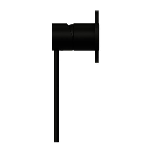 Nero Mecca Care shower mixer in matte black, wall-mounted round tap with single lever handle on white background