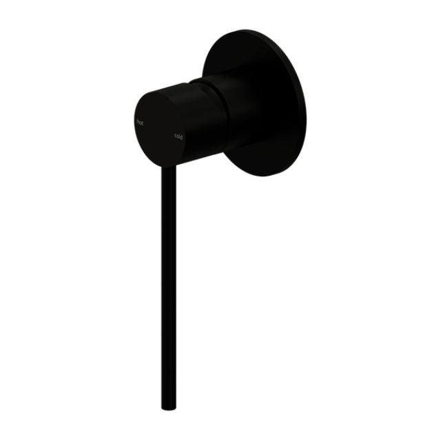 Nero Mecca Care shower mixer in matte black, wall-mounted round mixer tap with single handle on white background