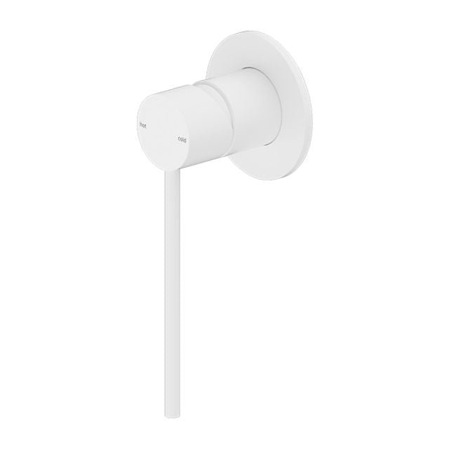 Nero Mecca Care shower mixer in matte white, wall-mounted round tap with long lever handle on white background