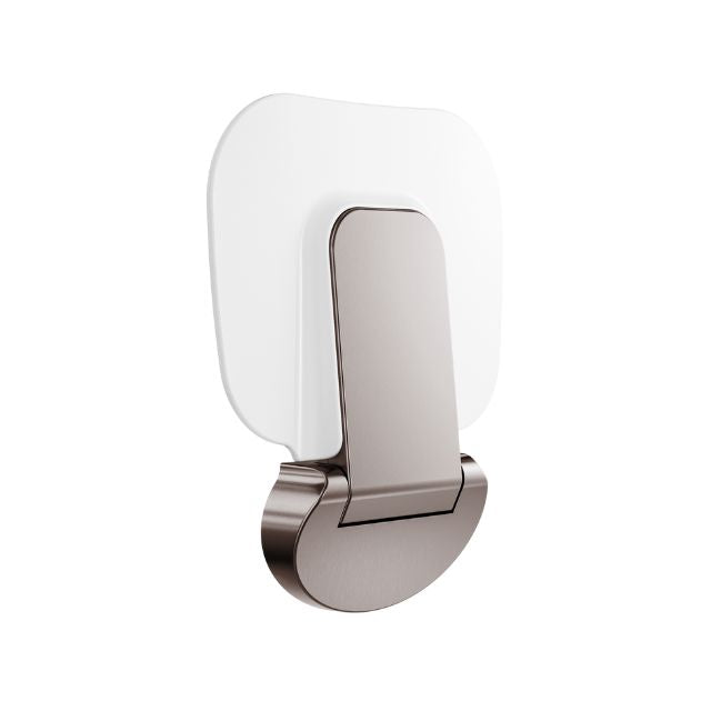 Nero Mecca Care fold-up shower seat in brushed bronze, white seat folded against wall mount