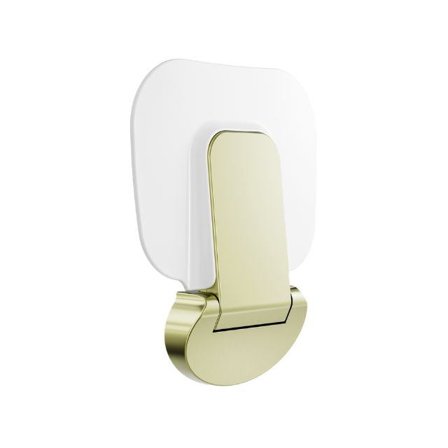 Nero Mecca Care folding shower seat in brushed gold and white, wall-mounted for accessible bathrooms