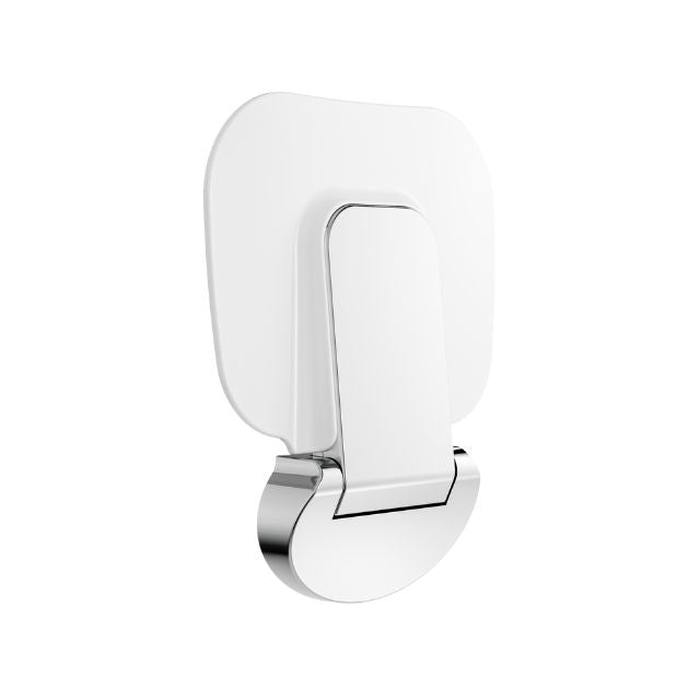 Nero Mecca Care fold-up shower seat, white with chrome hinge, wall-mounted bathroom accessory