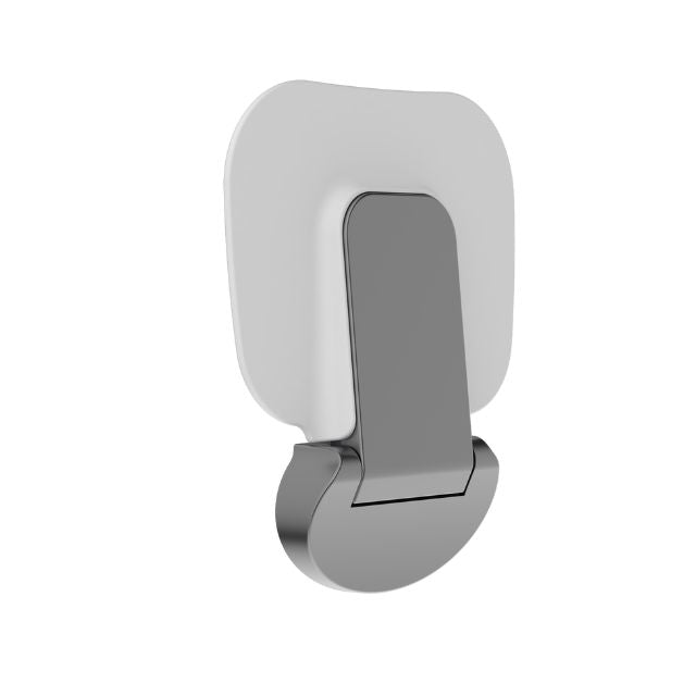 Nero Mecca Care fold-up shower seat in gunmetal, shown folded flat against the wall