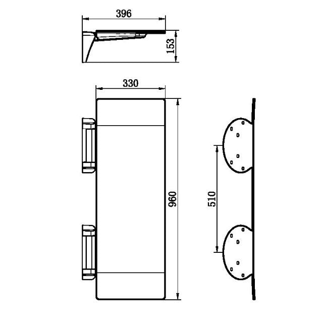 Nero Mecca Care shower seat technical drawing in matte black, showing folded side and dimensions 960 x 330mm, 396mm projection, 510mm fixing distance
