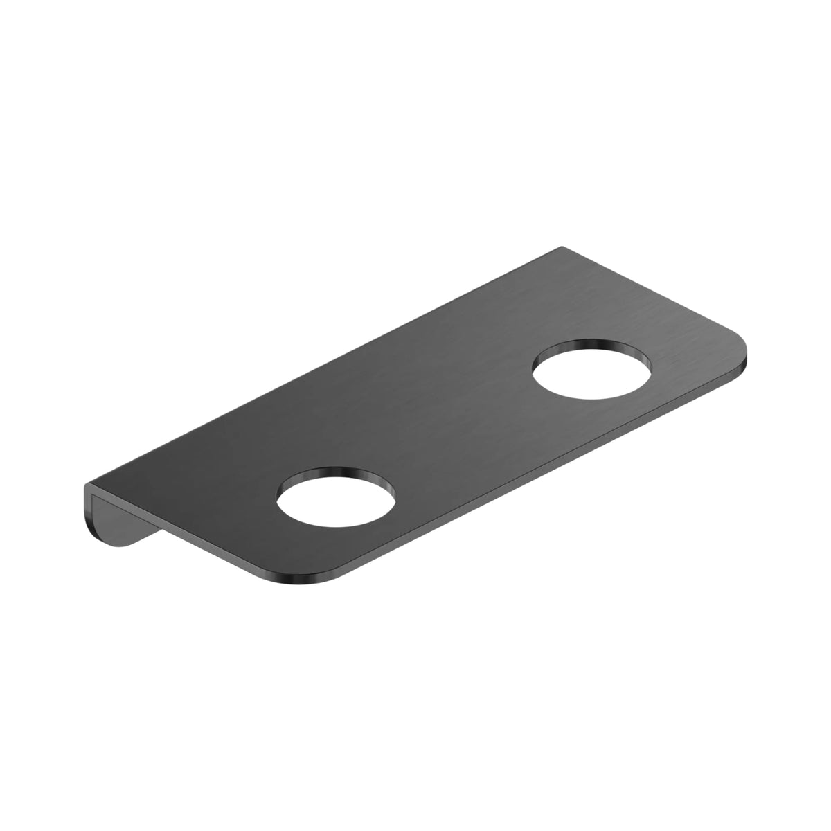 Nero Mecca gun metal double soap bottle holder plate, rectangular stainless steel with two cut-outs, angled view
