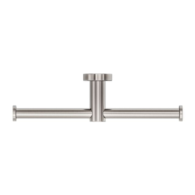 Nero Mecca double toilet roll holder in brushed nickel, front view on white background