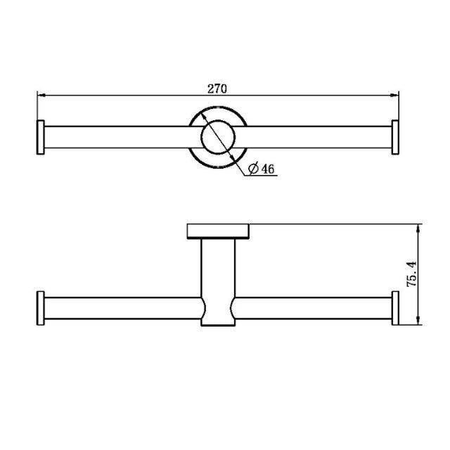Technical drawing of Nero Mecca double toilet roll holder, showing gun metal finish dimensions: 270mm wide, 75.4mm projection